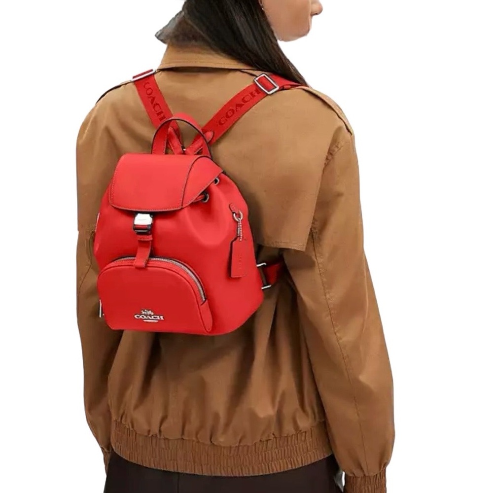 NWT Coach Pace Smooth Leather Backpack Miami Red / Silver CR100 Logo Straps - Picture 13 of 14